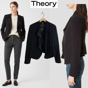 Theory Black Kensington Peplum Blazer Jacket Crepe Draped Career Quiet luxury 0